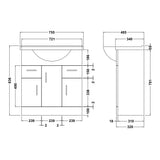 Nuie Mayford 750mm Floor Standing 3 Door 2 Drawer Vanity Unit & Basin Gloss White VTY750 LD
