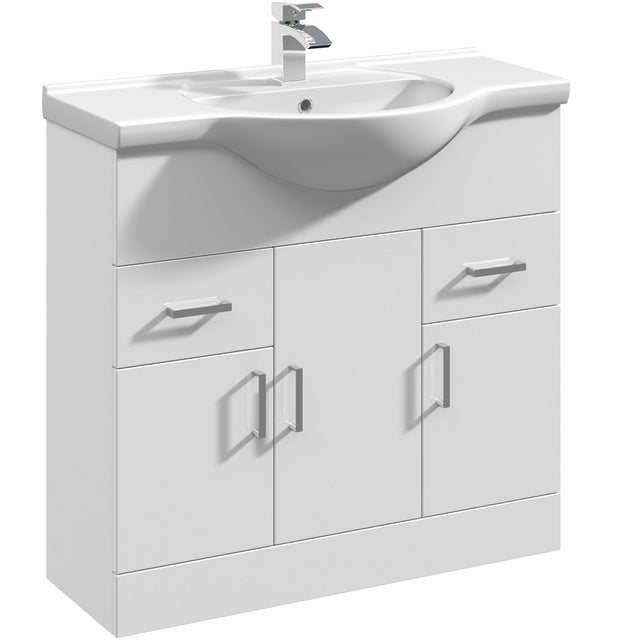 Nuie Mayford 850mm Floor Standing 3 Door 2 Drawer Vanity Unit & Basin Gloss White VTY850