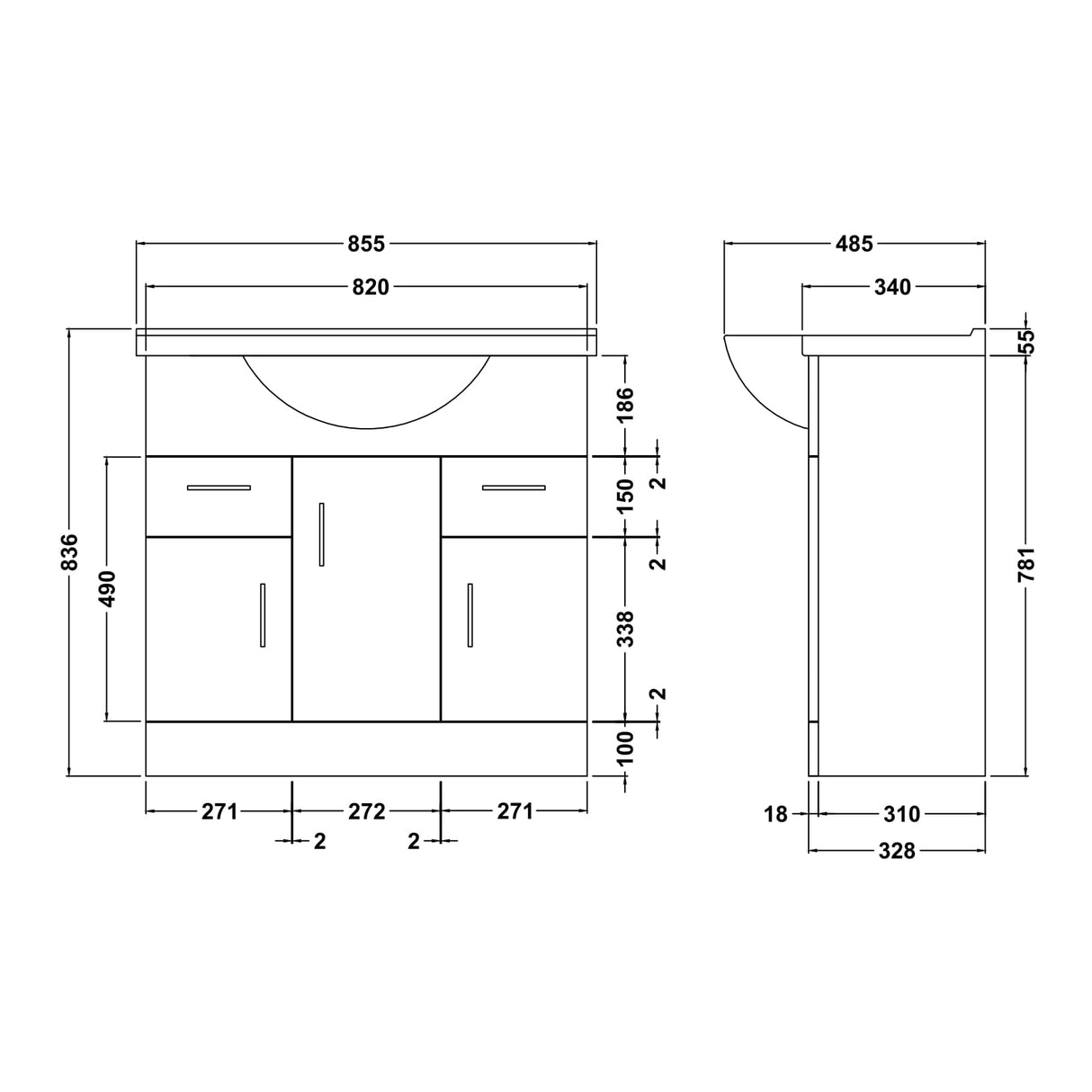 Nuie Mayford 850mm Floor Standing 3 Door 2 Drawer Vanity Unit & Basin Gloss White VTY850 LD