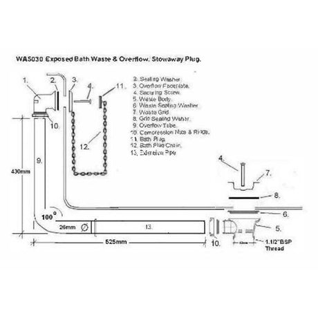 BC Designs Exposed Bath Waste/Plug & Chain With Overflow Pipe Nickel WAS030N LD