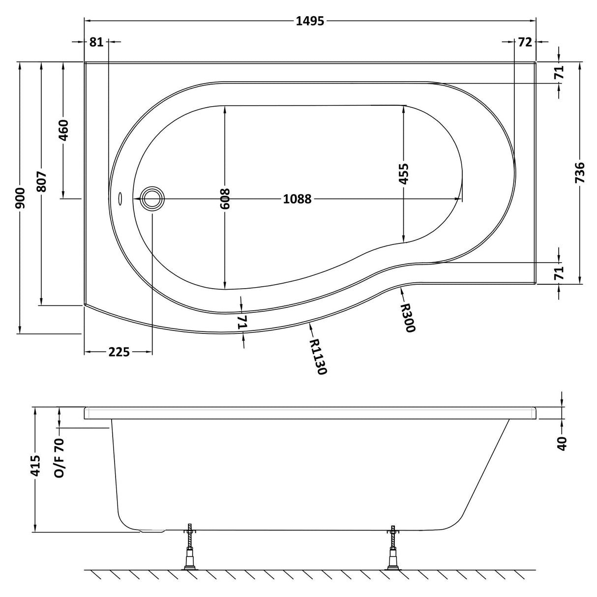 Nuie B-Shaped Shower Bath Without Bath Panel White WBB1585L LD