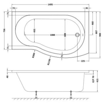 Nuie B-Shaped Shower Bath Without Bath Panel White WBB1585R LD
