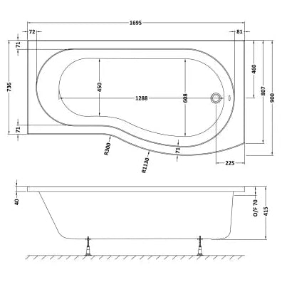 Nuie B-Shaped Shower Bath Without Bath Panel White WBB1785R LD