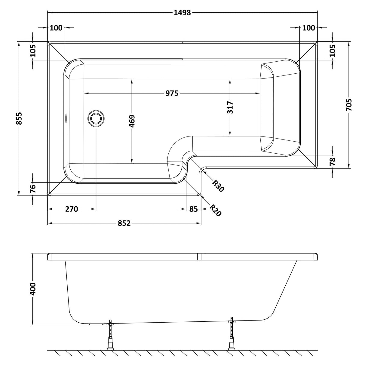 Nuie L-Shaped Shower Bath Without Bath Panel White WBS1585L LD