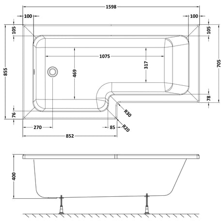 Nuie L-Shaped Shower Bath Without Bath Panel White WBS1685L LD