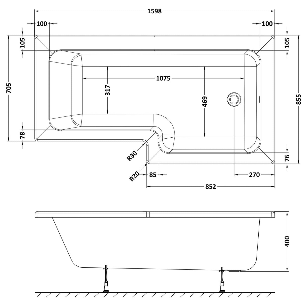 Nuie L-Shaped Shower Bath Without Bath Panel White WBS1685R LD
