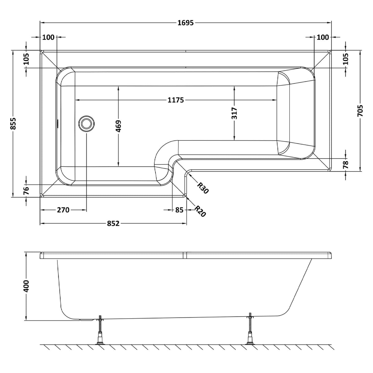 Nuie L-Shaped Shower Bath Without Bath Panel White WBS1785L LD