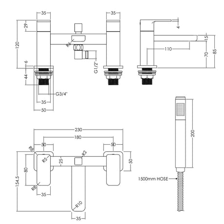 Nuie Windon Bath Shower Mixer Tap with Shower Kit Chrome WIN304 LD