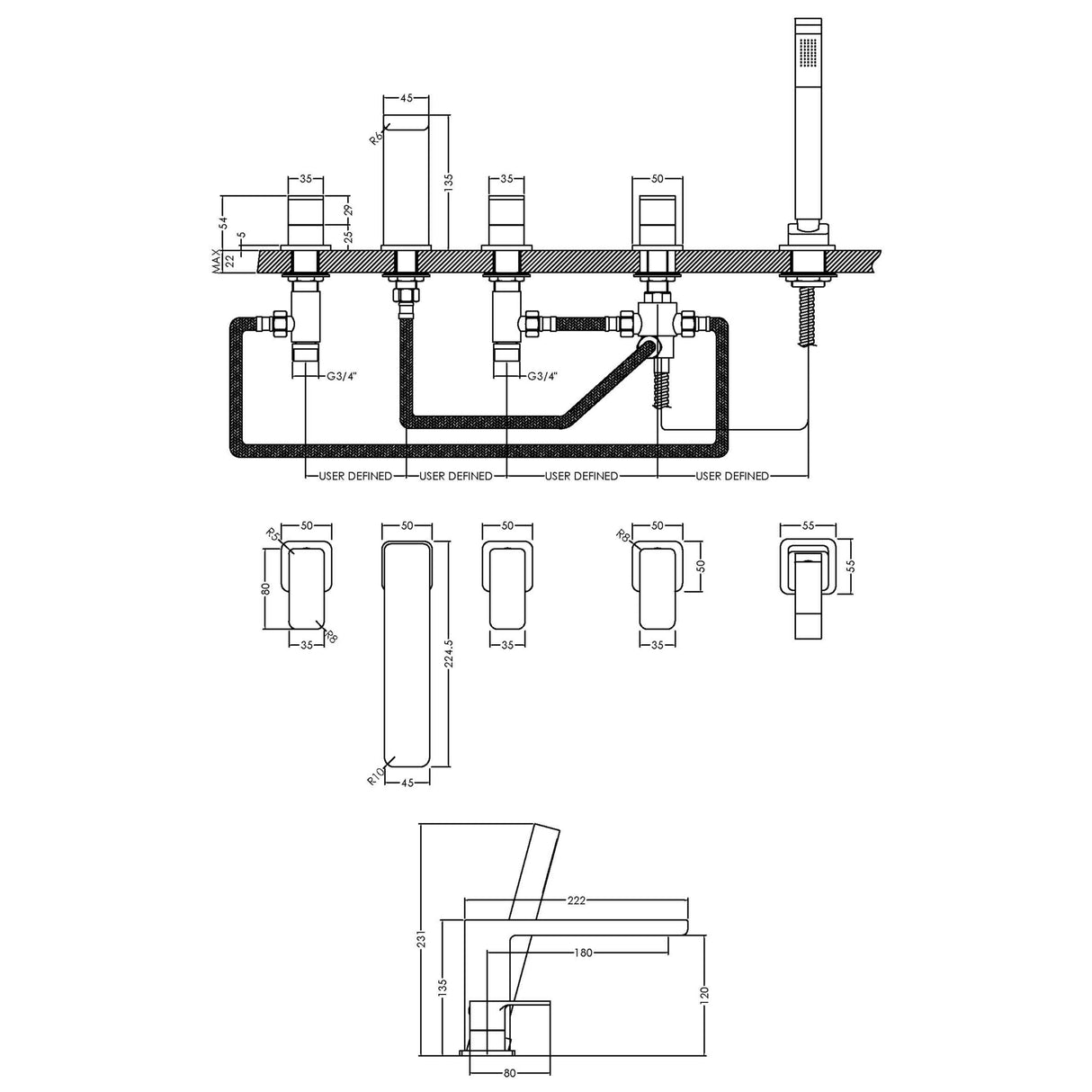 Nuie Windon 5-Hole Bath Shower Mixer Tap with Shower Kit Chrome WIN314 LD