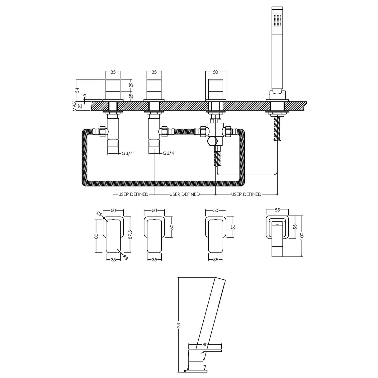 Nuie Windon 4-Hole Bath Shower Mixer Tap with Shower Kit Chrome WIN334 LD