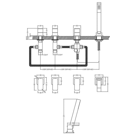 Nuie Windon 4-Hole Bath Shower Mixer Tap with Shower Kit Chrome WIN334 LD