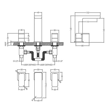 Nuie Windon 3-Hole Basin Mixer Tap with Waste Chrome WIN337 LD