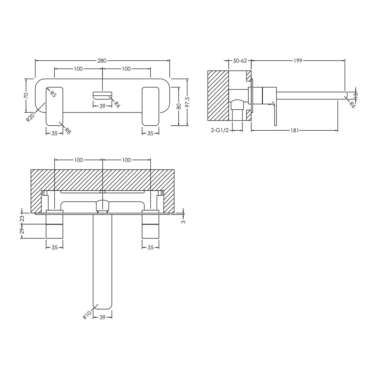 Nuie Windon 3-Hole Wall Mounted Basin Mixer Tap with Plate Chrome WIN350 LD