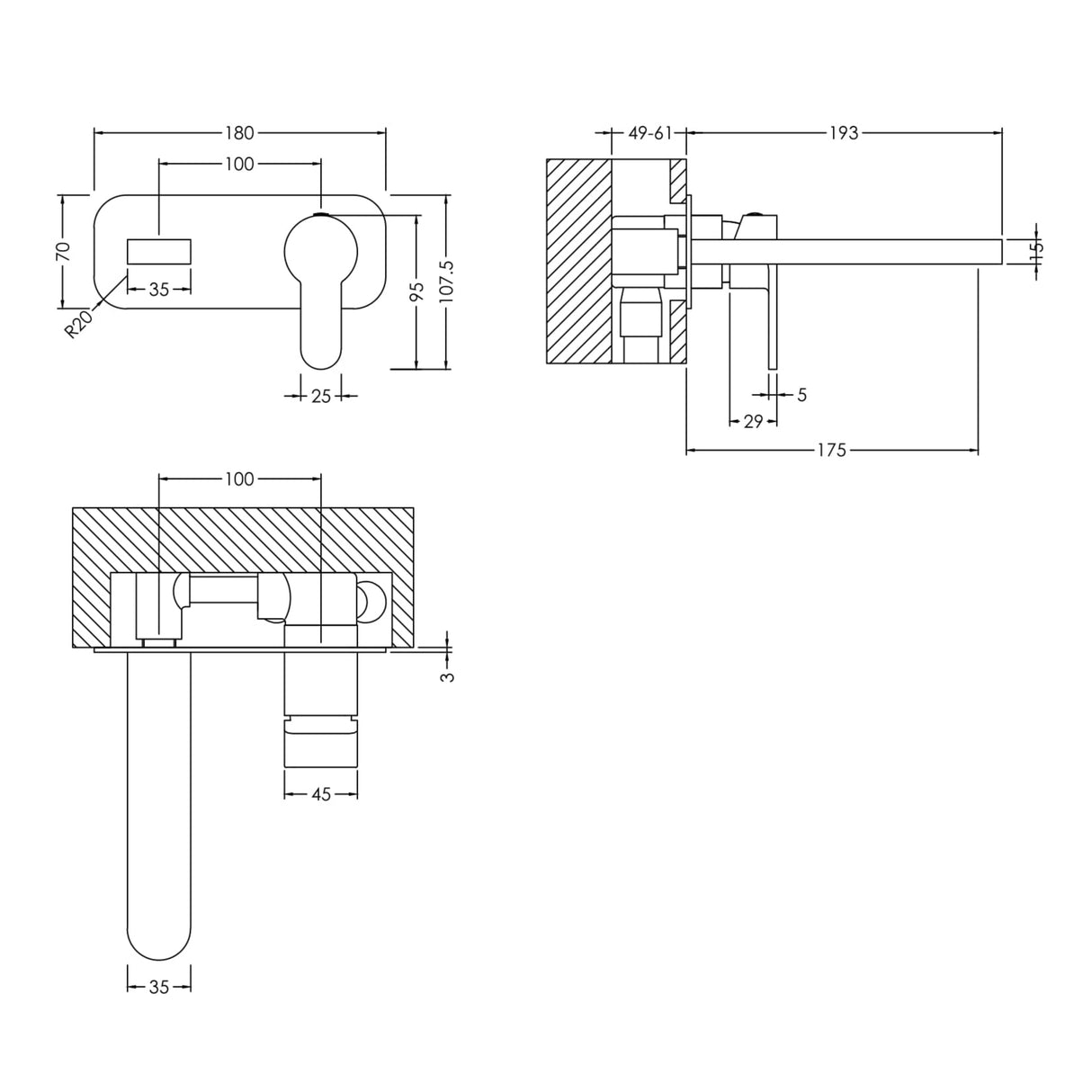 Nuie Windon 2-Hole Wall Mounted Basin Mixer Tap with Plate Brushed Pewter WIN728 LD