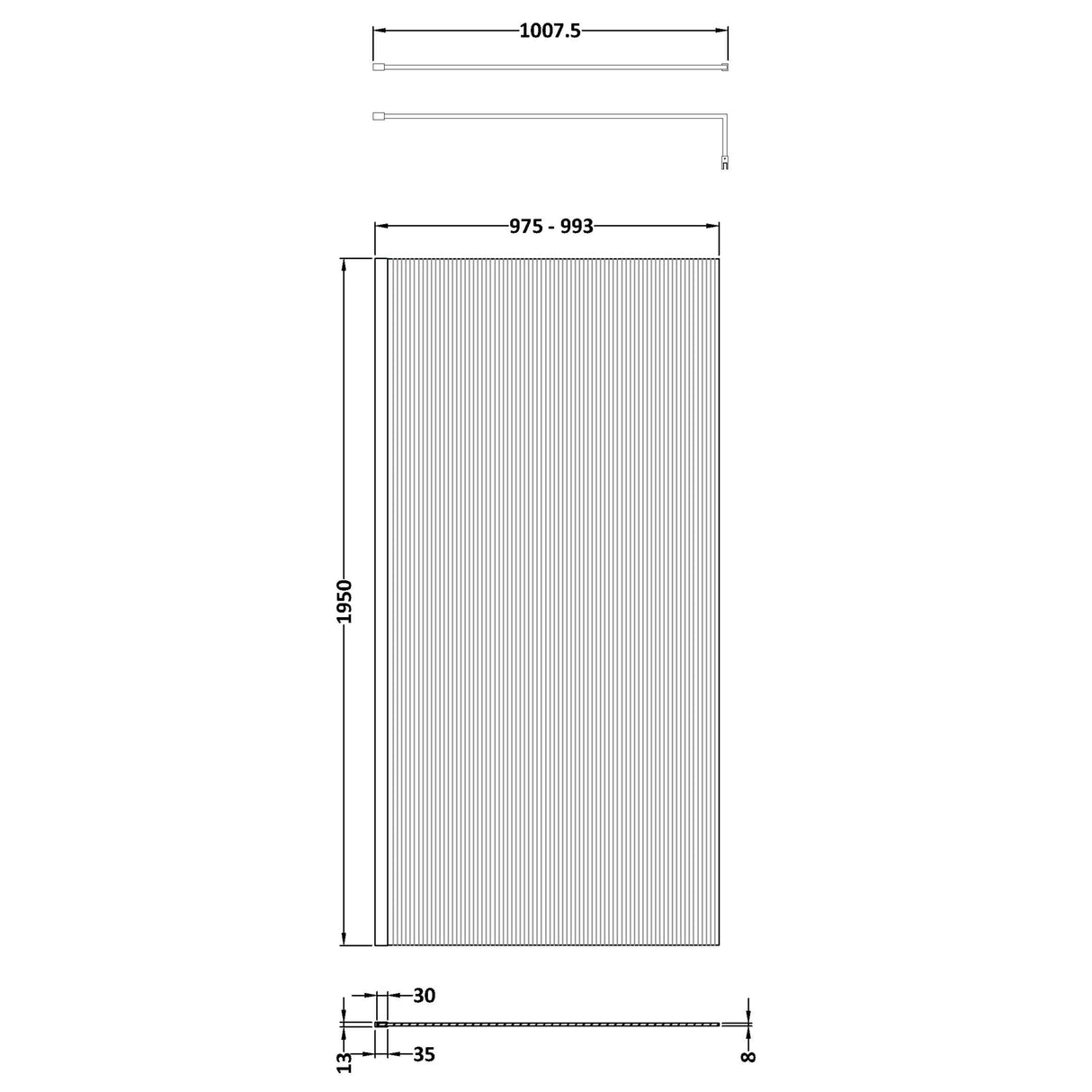 Hudson Reed 8mm Fluted Wetroom Screen - Wall Fixed - Brushed Brass WRFL19510BB LD