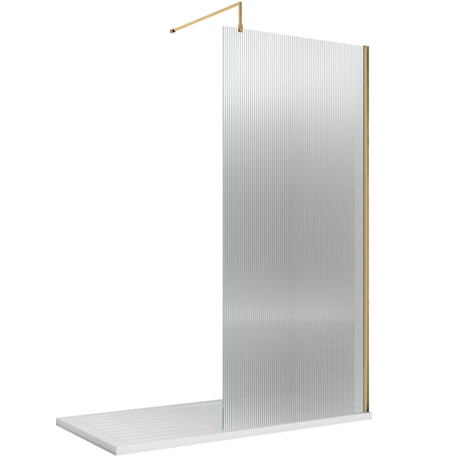 Hudson Reed 8mm Fluted Wetroom Screen - Wall Fixed - Brushed Brass WRFL19580BB