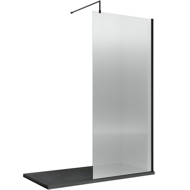 Hudson Reed 8mm Fluted Wetroom Screen - Wall Fixed - Matt Black WRFL19580BP