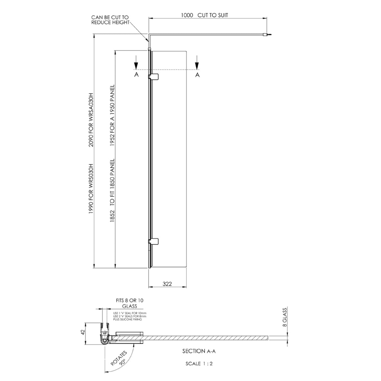 Hudson Reed 8mm Wetroom Return Screen Brushed Brass WRSBB30 LD