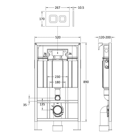 Nuie Mid-Height 890mm WC Frame with Dual Flush Plate - Square Button Chrome XTY007S LD