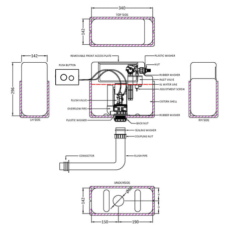 Nuie Pneumatic Universal Access Dual Flush Concealed Cistern with Rectangular Flush Plate, Side Inlet Black XTY011M02 LD
