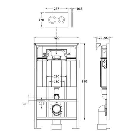 Nuie Mid-Height 890mm WC Frame with Dual Flush Plate - Round Button Matt Black XTY407R LD