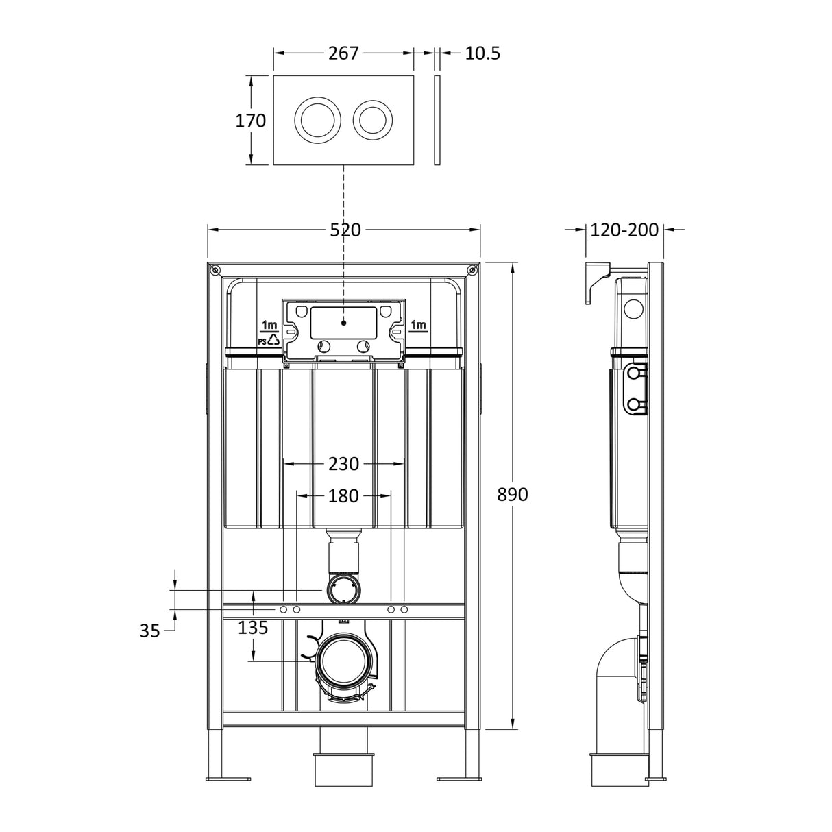Nuie Mid-Height 890mm WC Frame with Dual Flush Plate - Round Button Brushed Brass XTY807R LD
