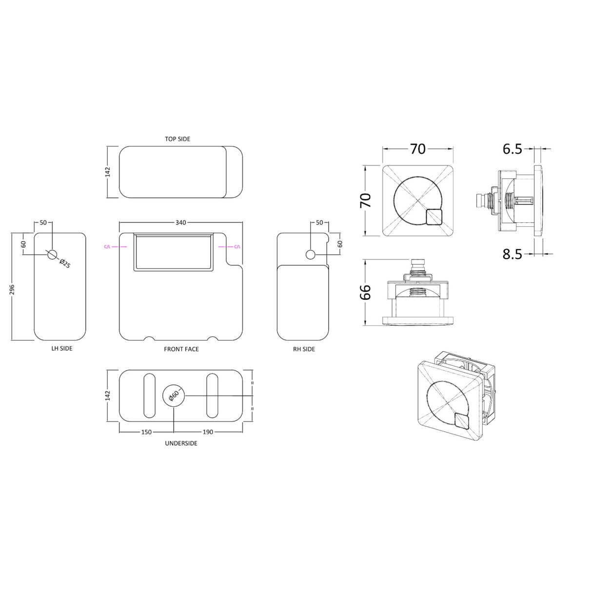 Nuie Universal Access Dual Flush Concealed Cistern with Square Flush Plate, Side Inlet Brushed Pewter XTY8M04 LD